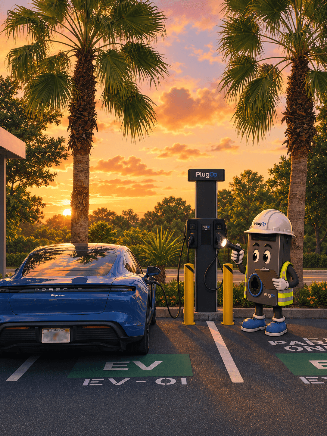 PlugOp charger and service mascot beside a parked EV at sunset