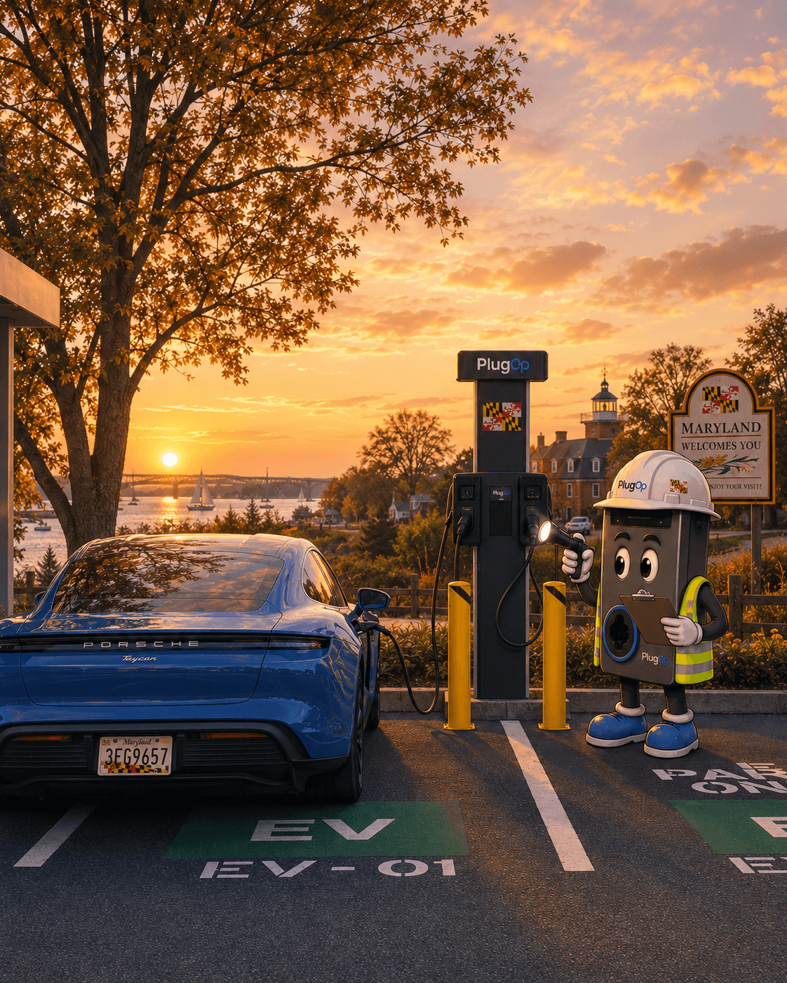 PlugOp charger scene at sunset
