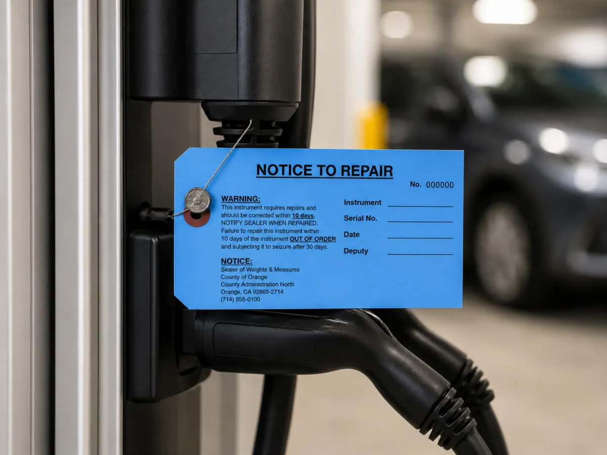 Blue county notice attached to an EV charger
